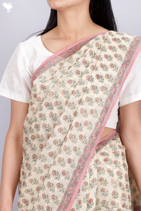 Kota Doria Saree In Floral Block Print